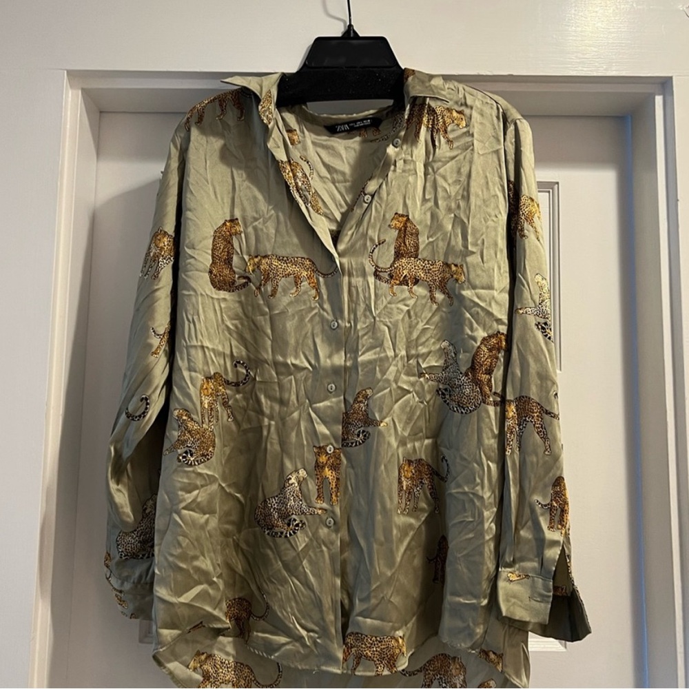 Zara Women's Animal Print Shirt Jacket - Olive and Brown